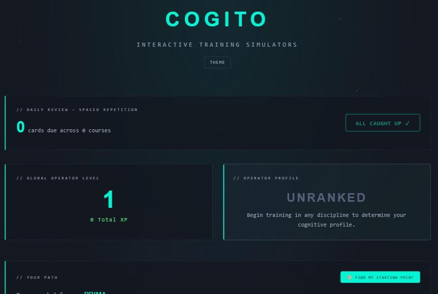 The Cogito hub: spaced-repetition review queue, operator level, and course matrix